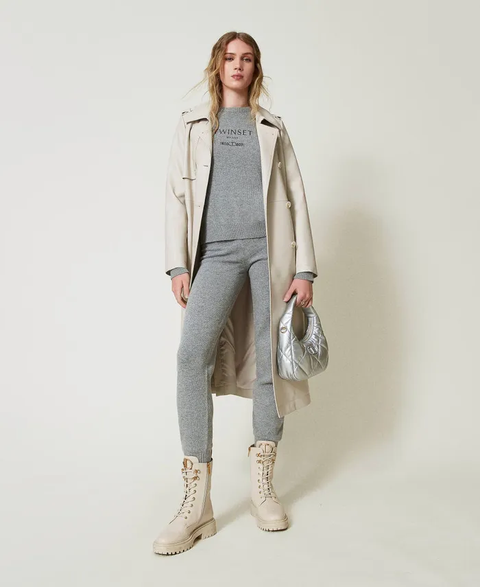 Twinset Long Coated Fabric Trench Coat With Belt Old White Women Jackets And Outerwear