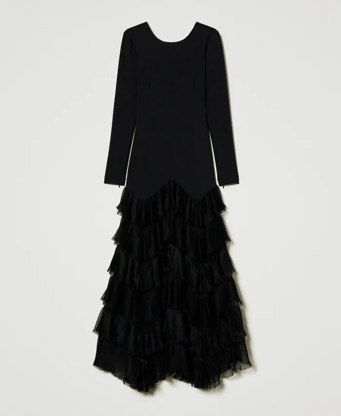 Twinset Long Dress With Pleated Tulle Flounces Black Women Dresses Twinset Long Dress With Pleated Tulle Flounces Black Women Dresses