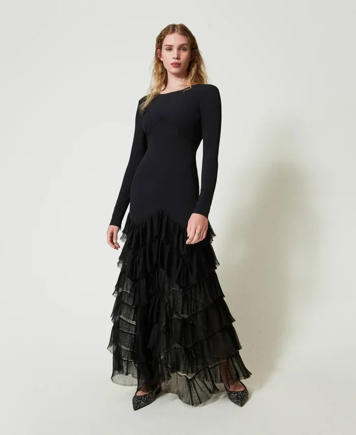 Twinset Long Dress With Pleated Tulle Flounces Black Women Dresses Twinset Long Dress With Pleated Tulle Flounces Black Women Dresses