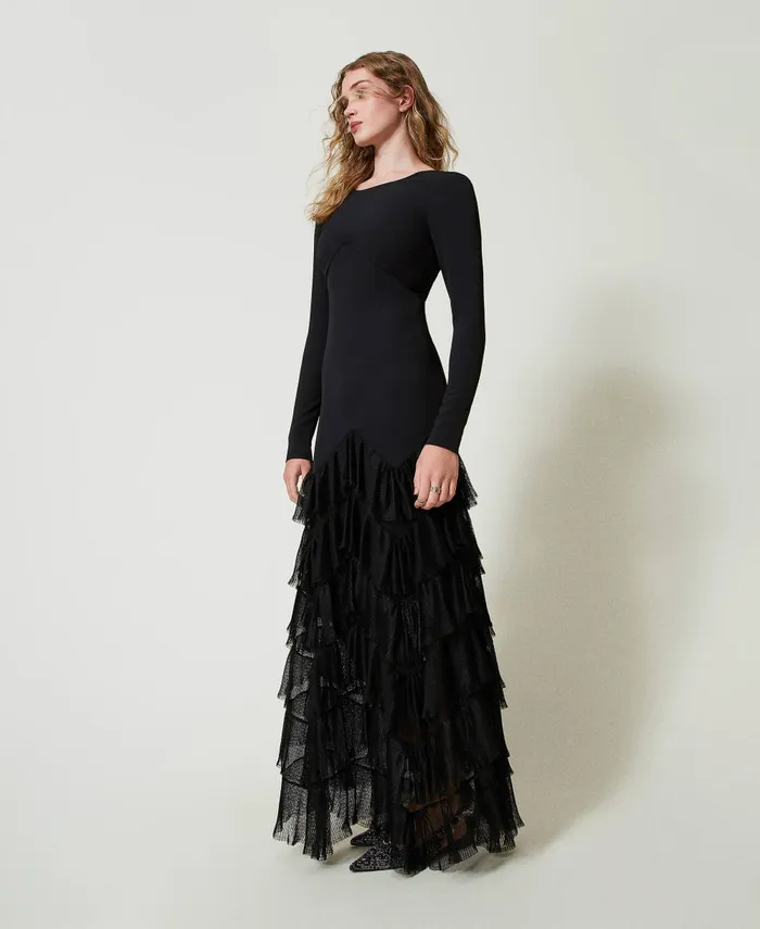 Twinset Long Dress With Pleated Tulle Flounces Black Women Dresses Twinset Long Dress With Pleated Tulle Flounces Black Women Dresses