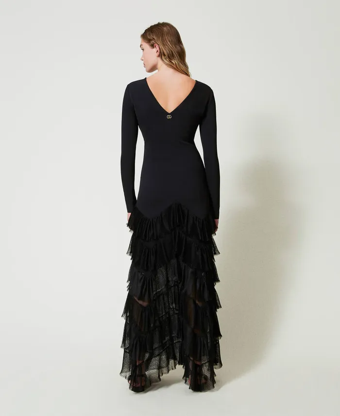 Twinset Long Dress With Pleated Tulle Flounces Black Women Dresses Twinset Long Dress With Pleated Tulle Flounces Black Women Dresses