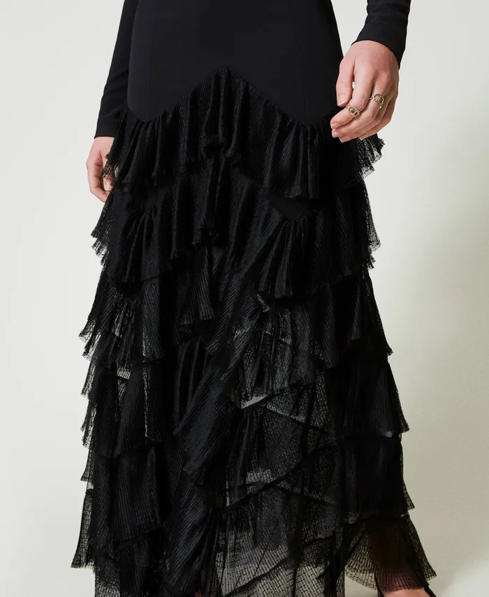 Twinset Long Dress With Pleated Tulle Flounces Black Women Dresses Twinset Long Dress With Pleated Tulle Flounces Black Women Dresses