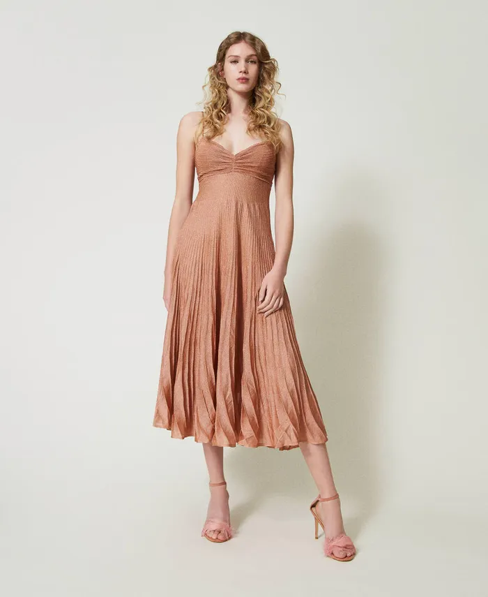 Twinset Long Pleated Lurex Knit Dress Coral Bead Lurex Women Dresses
