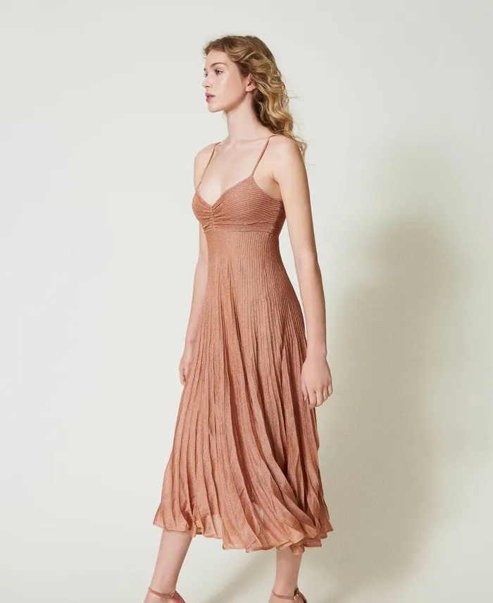 Twinset Long Pleated Lurex Knit Dress Coral Bead Lurex Women Dresses Twinset Long Pleated Lurex Knit Dress Coral Bead Lurex Women Dresses