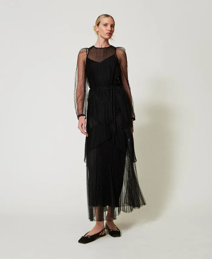 Twinset Long Tulle Dress With Pleated Flounces Black Women Dresses