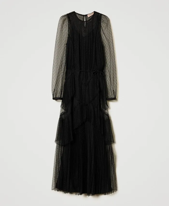 Twinset Long Tulle Dress With Pleated Flounces Black Women Dresses Twinset Long Tulle Dress With Pleated Flounces Black Women Dresses