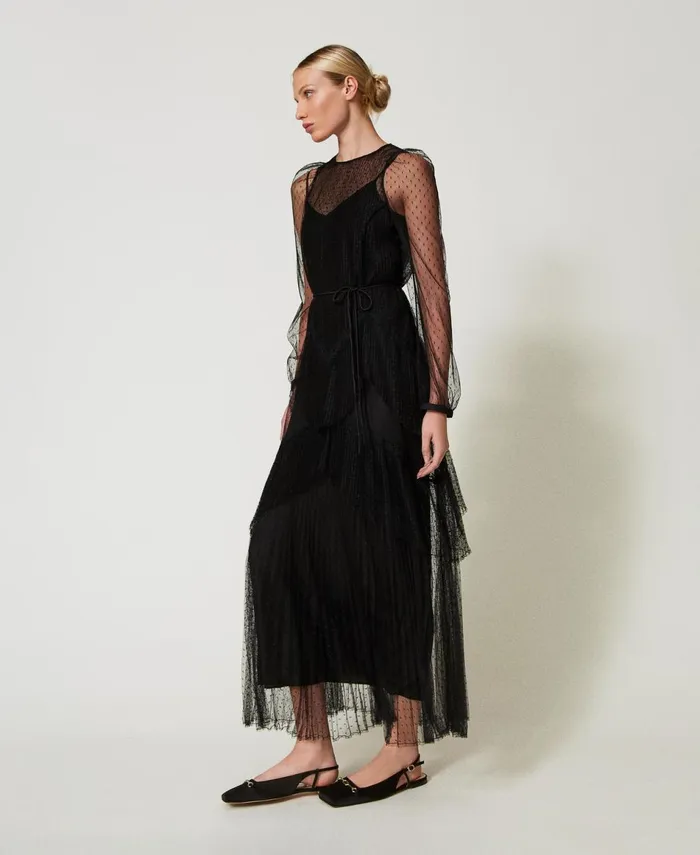 Twinset Long Tulle Dress With Pleated Flounces Black Women Dresses Twinset Long Tulle Dress With Pleated Flounces Black Women Dresses