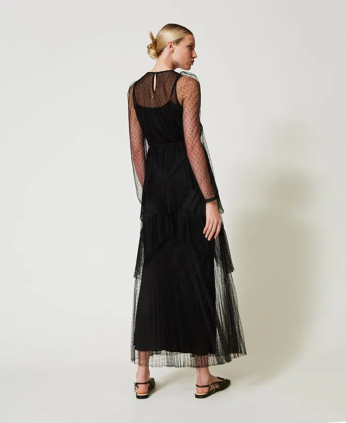 Twinset Long Tulle Dress With Pleated Flounces Black Women Dresses Twinset Long Tulle Dress With Pleated Flounces Black Women Dresses