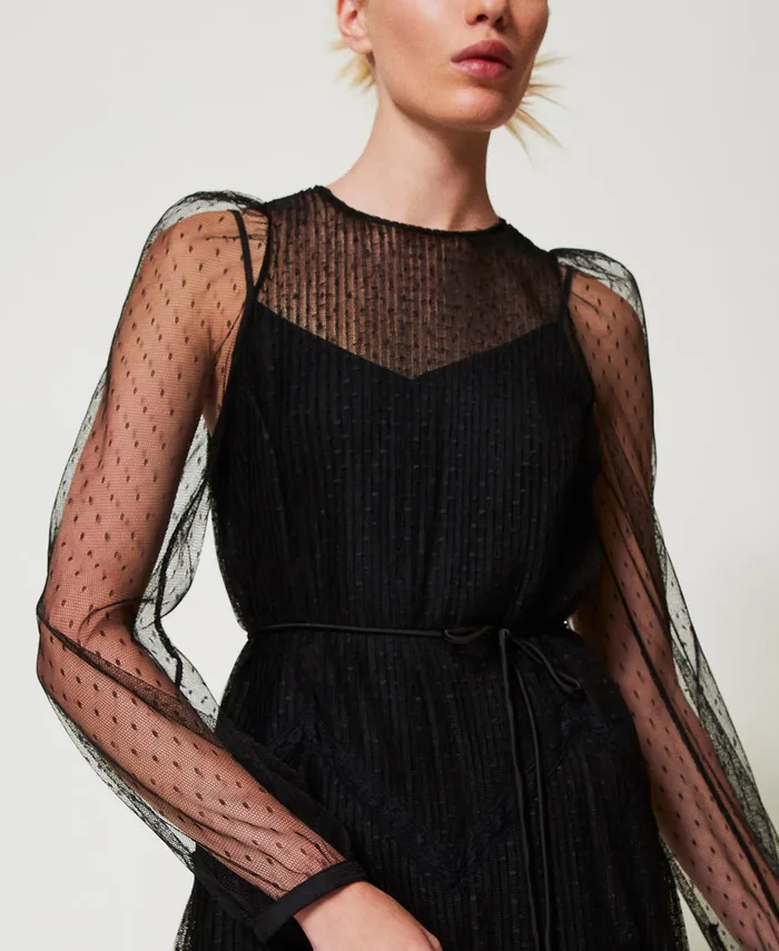 Twinset Long Tulle Dress With Pleated Flounces Black Women Dresses Twinset Long Tulle Dress With Pleated Flounces Black Women Dresses