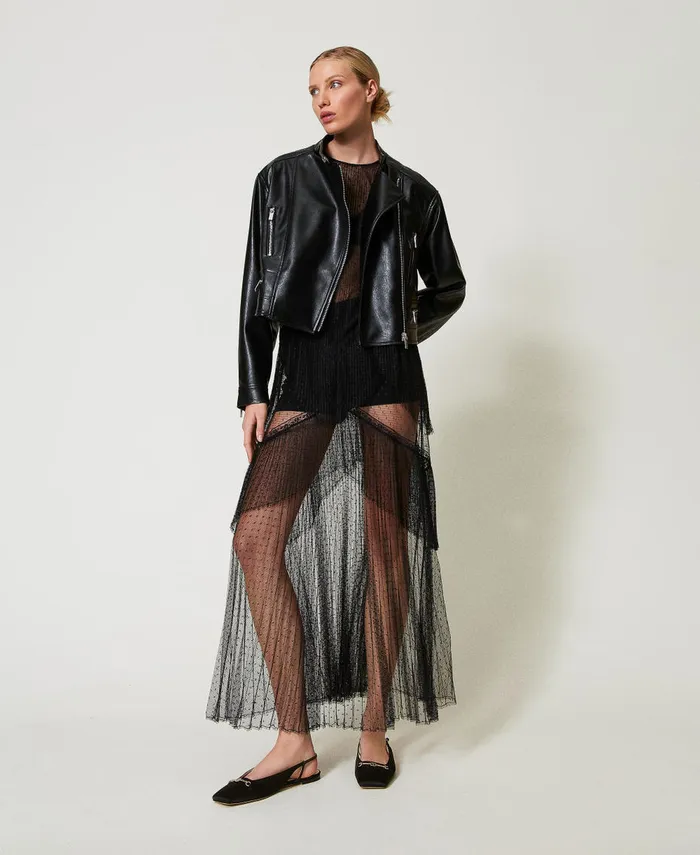 Twinset Long Tulle Dress With Pleated Flounces Black Women Dresses Twinset Long Tulle Dress With Pleated Flounces Black Women Dresses