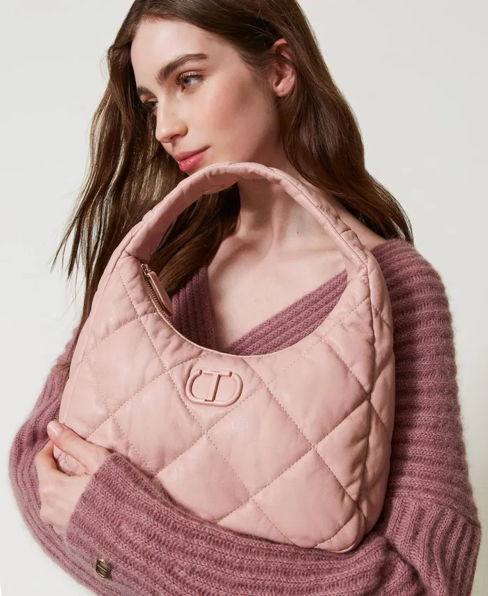 Twinset Medium Padded And Quilted Hobo Bag Powder Pink Women Handbags Twinset Medium Padded And Quilted Hobo Bag Powder Pink Women Handbags