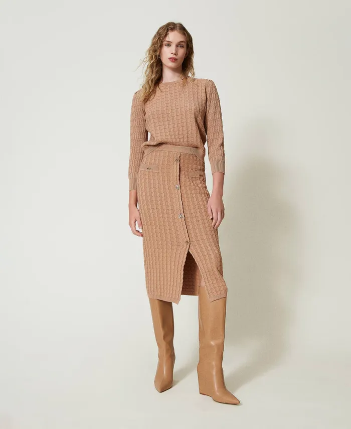 Twinset Midi Fitted Knit Skirt With Buttons Sandy Brown Women Skirts