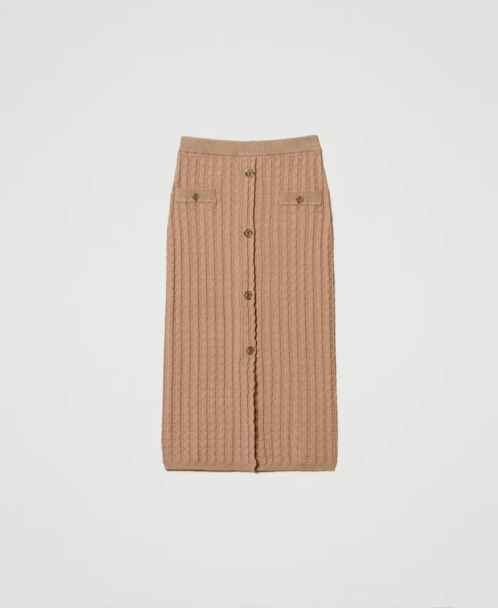 Twinset Midi Fitted Knit Skirt With Buttons Sandy Brown Women Skirts Twinset Midi Fitted Knit Skirt With Buttons Sandy Brown Women Skirts