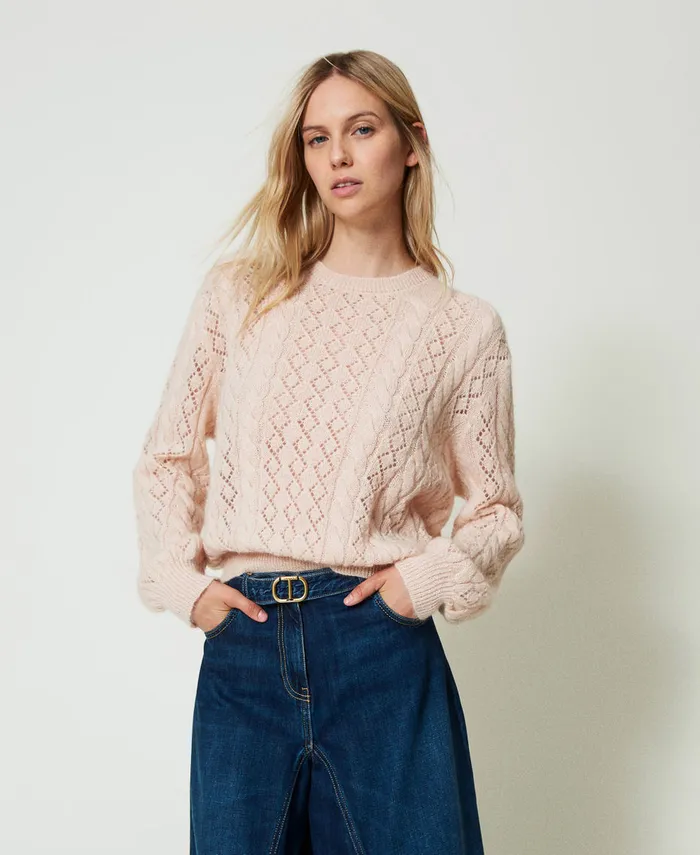 Twinset Mohair Blend Jumper With Cable Knit And Opening Peach Pink Women Jumpers And Cardigans