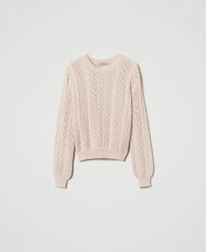 Twinset Mohair Blend Jumper With Cable Knit And Opening Peach Pink Women Jumpers And Cardigans Twinset Mohair Blend Jumper With Cable Knit And Opening Peach Pink Women Jumpers And Cardigans