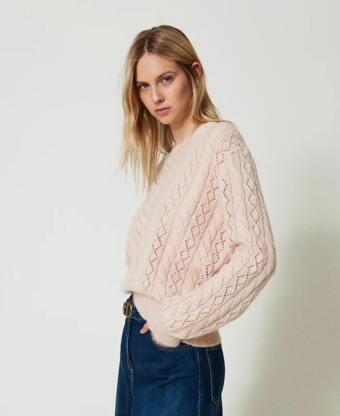 Twinset Mohair Blend Jumper With Cable Knit And Opening Peach Pink Women Jumpers And Cardigans Twinset Mohair Blend Jumper With Cable Knit And Opening Peach Pink Women Jumpers And Cardigans