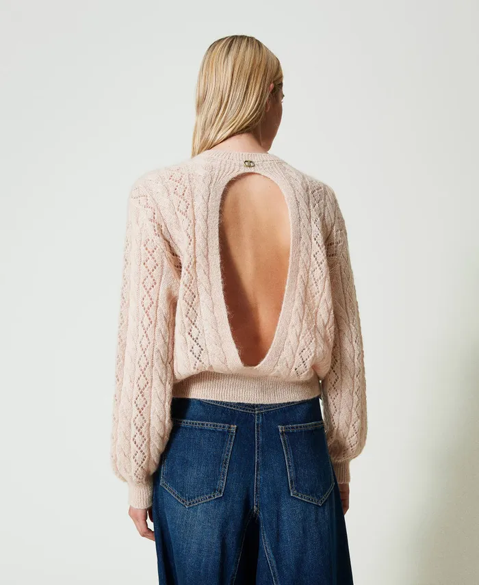 Twinset Mohair Blend Jumper With Cable Knit And Opening Peach Pink Women Jumpers And Cardigans Twinset Mohair Blend Jumper With Cable Knit And Opening Peach Pink Women Jumpers And Cardigans