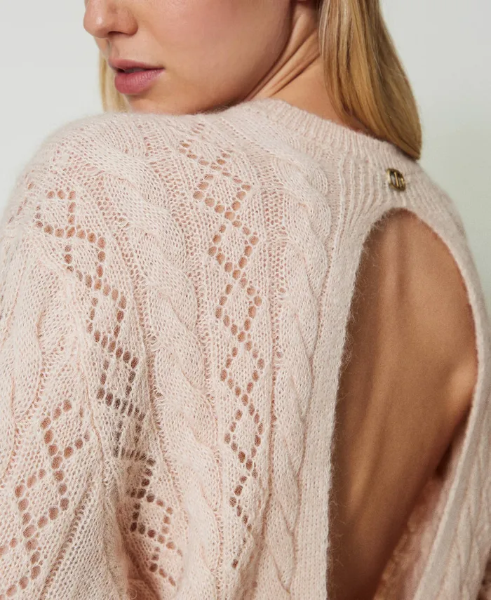 Twinset Mohair Blend Jumper With Cable Knit And Opening Peach Pink Women Jumpers And Cardigans Twinset Mohair Blend Jumper With Cable Knit And Opening Peach Pink Women Jumpers And Cardigans