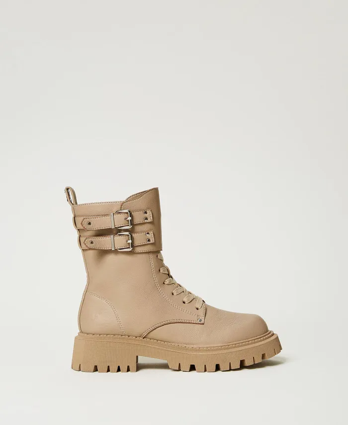 Twinset Myfo Combat Boots With Two Straps Dull Gold Women Flat Shoes