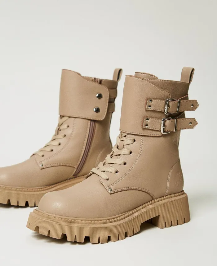 Twinset Myfo Combat Boots With Two Straps Dull Gold Women Flat Shoes Twinset Myfo Combat Boots With Two Straps Dull Gold Women Flat Shoes