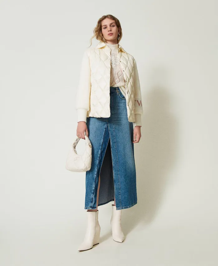 Twinset Quilted Puffer Jacket With Knit Sleeves Old White Women Jackets And Outerwear