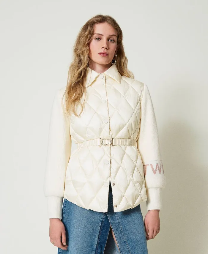 Twinset Quilted Puffer Jacket With Knit Sleeves Old White Women Jackets And Outerwear Twinset Quilted Puffer Jacket With Knit Sleeves Old White Women Jackets And Outerwear