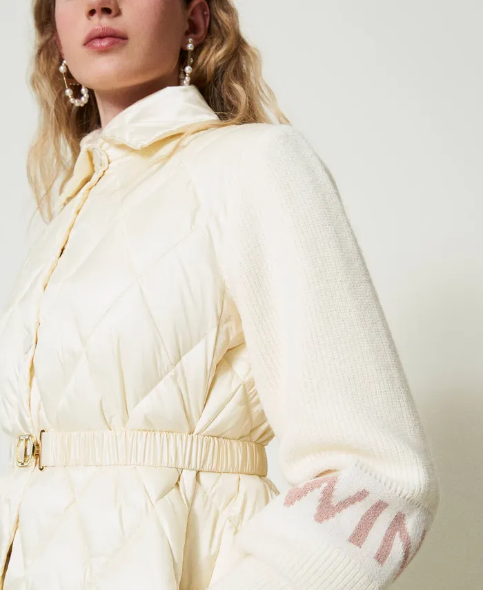 Twinset Quilted Puffer Jacket With Knit Sleeves Old White Women Jackets And Outerwear Twinset Quilted Puffer Jacket With Knit Sleeves Old White Women Jackets And Outerwear