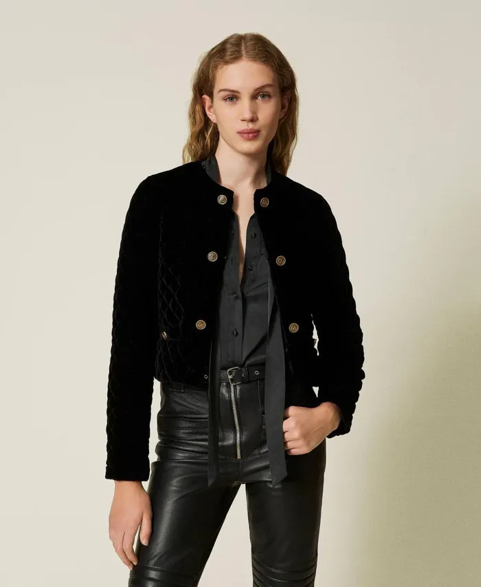 Twinset Quilted Velvet Jacket Black Women Suits And Sets Twinset Quilted Velvet Jacket Black Women Suits And Sets