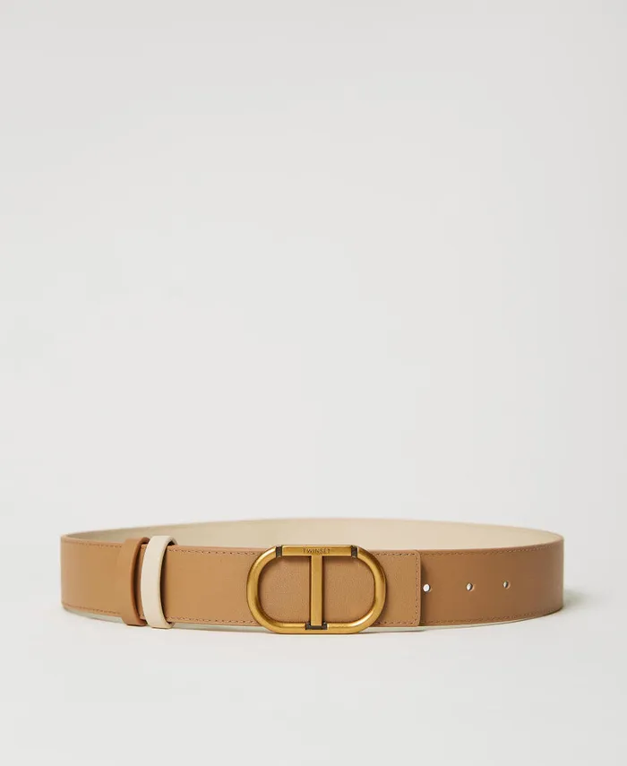 Twinset Reversible Leather Belt With Oval T Buckle Twotone pale Hemp Beige Ivory Women Belts