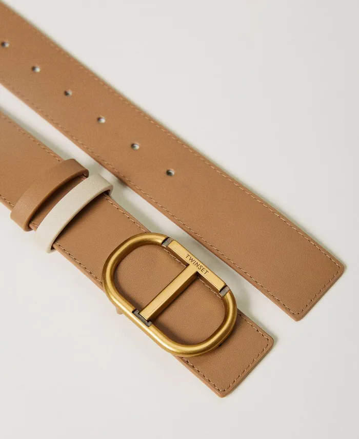 Twinset Reversible Leather Belt With Oval T Buckle Twotone pale Hemp Beige Ivory Women Belts Twinset Reversible Leather Belt With Oval T Buckle Twotone pale Hemp Beige Ivory Women Belts