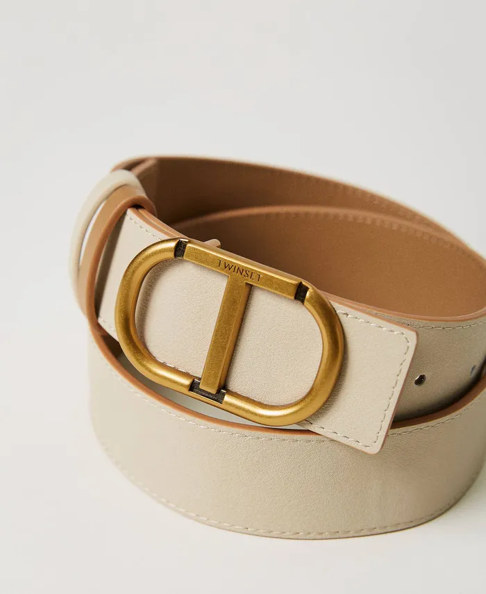 Twinset Reversible Leather Belt With Oval T Buckle Twotone pale Hemp Beige Ivory Women Belts Twinset Reversible Leather Belt With Oval T Buckle Twotone pale Hemp Beige Ivory Women Belts