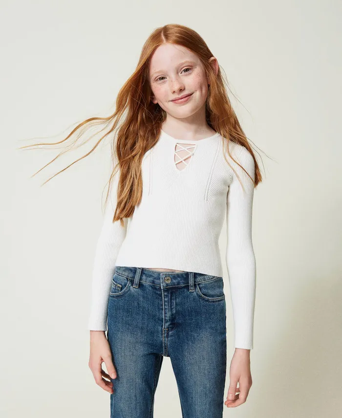 Twinset Ribbed Jumper With CrissCross Off White Girl Jumpers And Cardigans