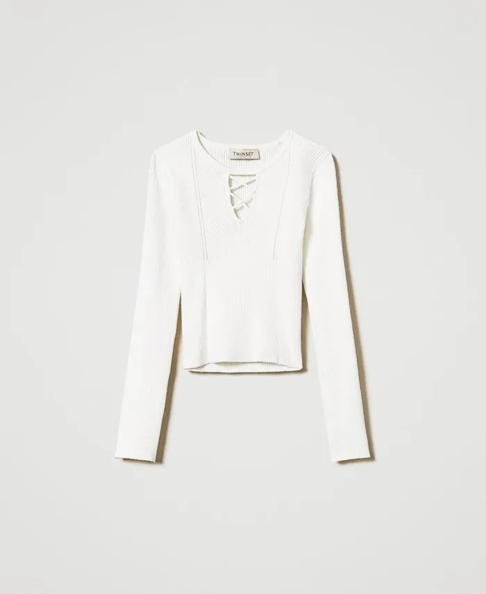 Twinset Ribbed Jumper With CrissCross Off White Girl Jumpers And Cardigans Twinset Ribbed Jumper With CrissCross Off White Girl Jumpers And Cardigans