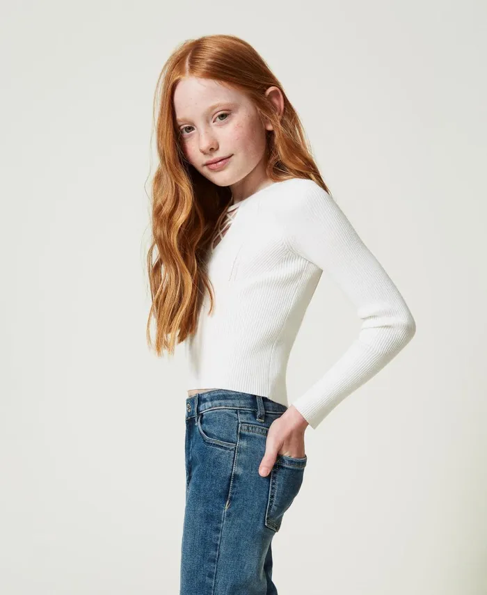 Twinset Ribbed Jumper With CrissCross Off White Girl Jumpers And Cardigans Twinset Ribbed Jumper With CrissCross Off White Girl Jumpers And Cardigans
