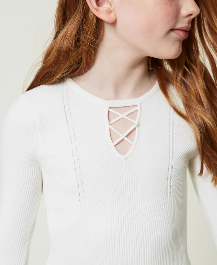 Twinset Ribbed Jumper With CrissCross Off White Girl Jumpers And Cardigans Twinset Ribbed Jumper With CrissCross Off White Girl Jumpers And Cardigans