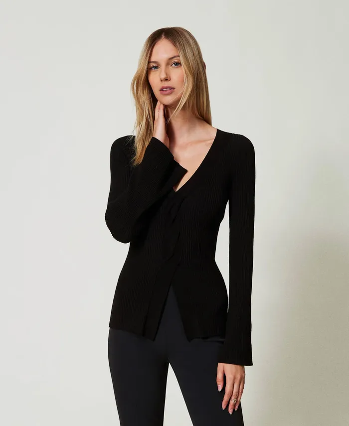 Twinset Ribbed Knit Fitted Jumper With Twist Black Women Jumpers And Cardigans