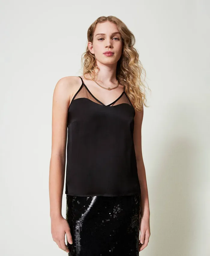 Twinset Satin And Tulle Top Black Women TShirts And Tops