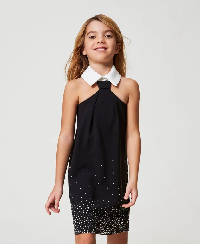 Twinset Short Crpe Dress With Rhinestones Bicolour Black Ice White Girl Dresses