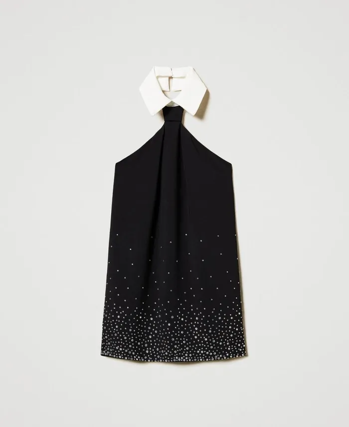 Twinset Short Crpe Dress With Rhinestones Bicolour Black Ice White Girl Dresses Twinset Short Crpe Dress With Rhinestones Bicolour Black Ice White Girl Dresses