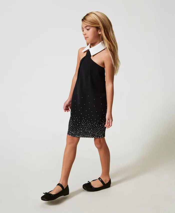 Twinset Short Crpe Dress With Rhinestones Bicolour Black Ice White Girl Dresses Twinset Short Crpe Dress With Rhinestones Bicolour Black Ice White Girl Dresses