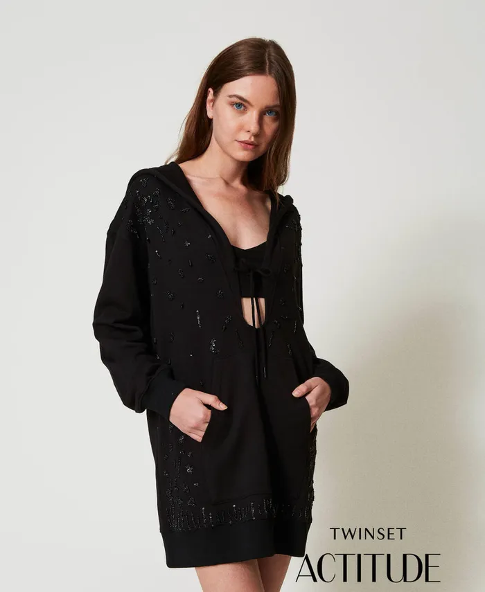 Twinset Short Dress With Handmade Embroidery Black Women Dresses