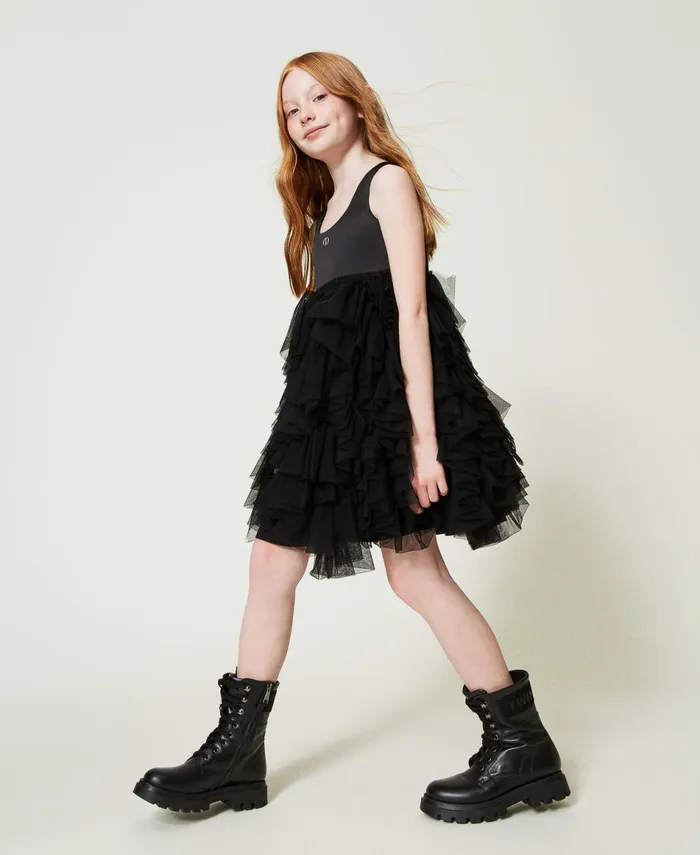 Twinset Short Dress With Tulle Ruffles Black Girl Dresses Twinset Short Dress With Tulle Ruffles Black Girl Dresses
