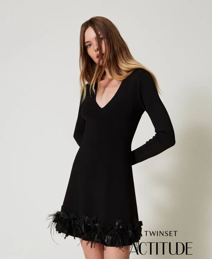 Twinset Short Knit Dress With Flowers And Feathers Black Women Dresses