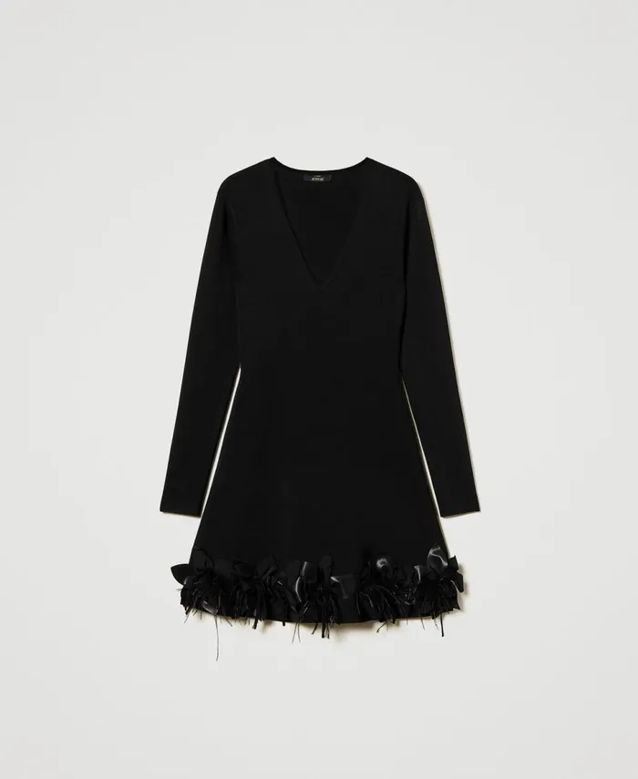 Twinset Short Knit Dress With Flowers And Feathers Black Women Dresses Twinset Short Knit Dress With Flowers And Feathers Black Women Dresses
