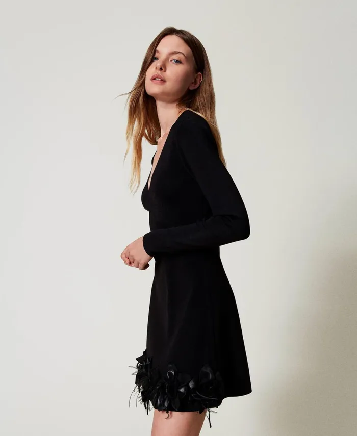 Twinset Short Knit Dress With Flowers And Feathers Black Women Dresses Twinset Short Knit Dress With Flowers And Feathers Black Women Dresses