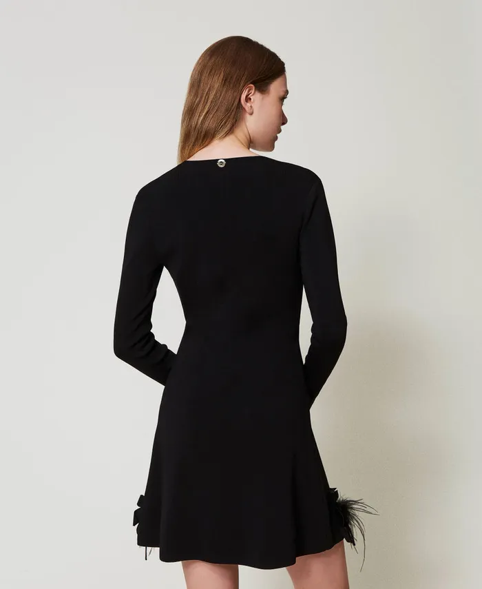 Twinset Short Knit Dress With Flowers And Feathers Black Women Dresses Twinset Short Knit Dress With Flowers And Feathers Black Women Dresses
