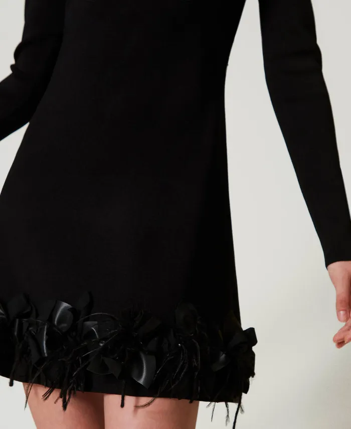 Twinset Short Knit Dress With Flowers And Feathers Black Women Dresses Twinset Short Knit Dress With Flowers And Feathers Black Women Dresses