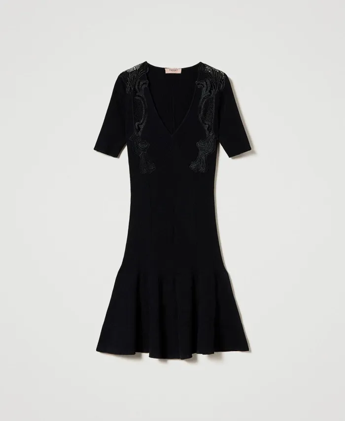 Twinset Short Knit Dress With Lace Black Women Dresses Twinset Short Knit Dress With Lace Black Women Dresses