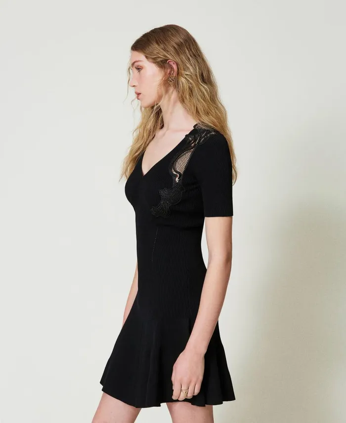 Twinset Short Knit Dress With Lace Black Women Dresses Twinset Short Knit Dress With Lace Black Women Dresses