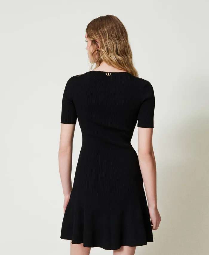 Twinset Short Knit Dress With Lace Black Women Dresses Twinset Short Knit Dress With Lace Black Women Dresses